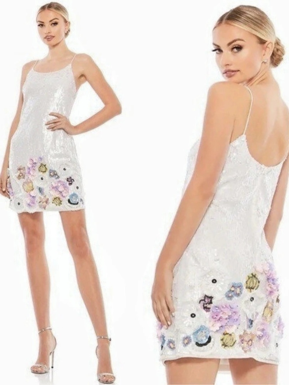 Mac Duggal Sequined Mixed Media Floral Embellished Mini Dress Sequined Floral